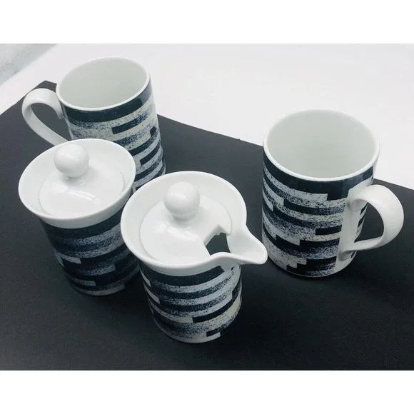 DANSK Radia INDIGO Sugar & Creamer With Lids 2 Mugs Cups Blue White Coffee A1 - Picture 8 of 8